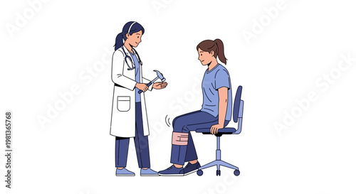 Vector Illustration of a Doctor Performing a Reflex Hammer Test on a Patient's Knee in a Medical Examination Room
