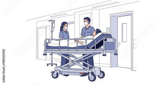 Vector illustration of medical professionals attending to a patient on a gurney in a hospital corridor, medical care concept