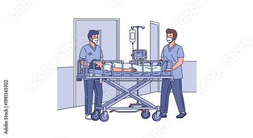 Vector illustration Medical professionals providing essential patient transport and critical care on a stretcher. Depicting urgent hospital guidance and dynamic emergency services