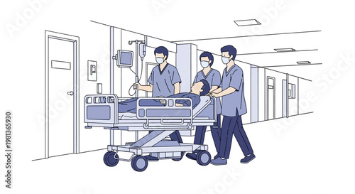 Vector illustration of medical personnel transporting a patient on a gurney down a hospital corridor, symbolizing healthcare and emergency services