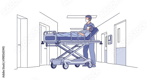 Vector illustration of a medical professional pushing a patient on a gurney down a hospital corridor, conveying healthcare and emergency services