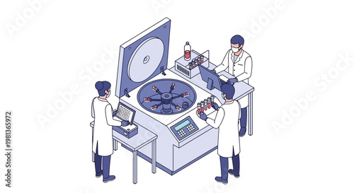 Vector illustration of scientists in a laboratory setting using a centrifuge machine for scientific research and experiments
