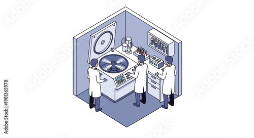 Vector illustration of scientists in a modern laboratory operating a centrifuge for sample analysis and research. Teamwork in scientific discovery