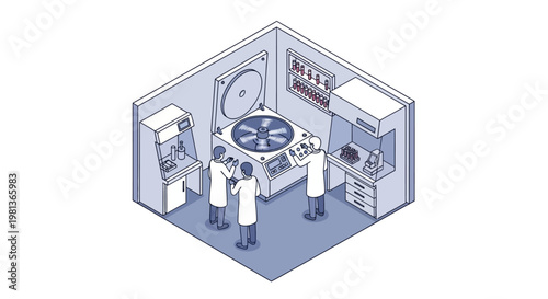 Vector illustration depicting a dedicated team of scientists operating a sophisticated centrifuge in a modern research laboratory, conducting vital experiments and data analysis