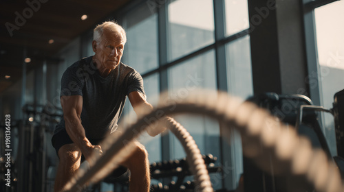 Elderly man performing battle rope exercise in modern gym, showcasing strength, endurance, and active healthy lifestyle in senior fitness training.