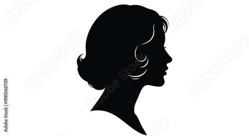 A striking silhouette depicts the profile of a woman with elegantly styled curly hair