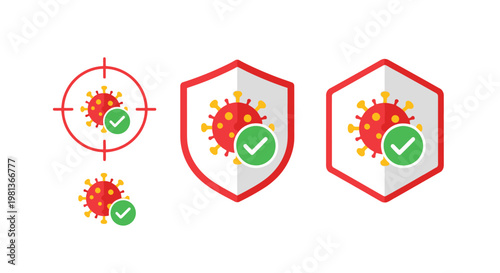 Illustrative icons depict virus targeting and protection through shield imagery conveying safety