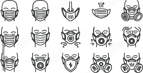 Face mask and respirator icon collection with protection, safety and air filter symbols, clean line vector set for healthcare, pollution and industrial safety design