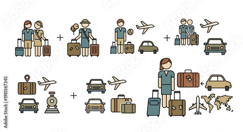Travelers with luggage and transportation icons.
