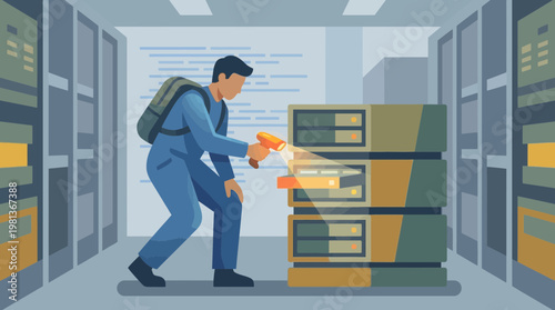 IT technician inspecting hardware in data center illustration