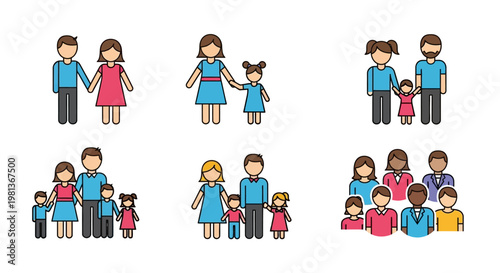 Illustrations of diverse family groups together.