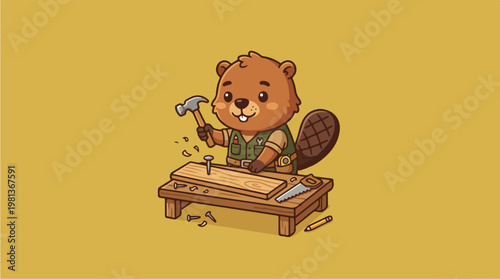 Beaver Working With Wooden Plank.