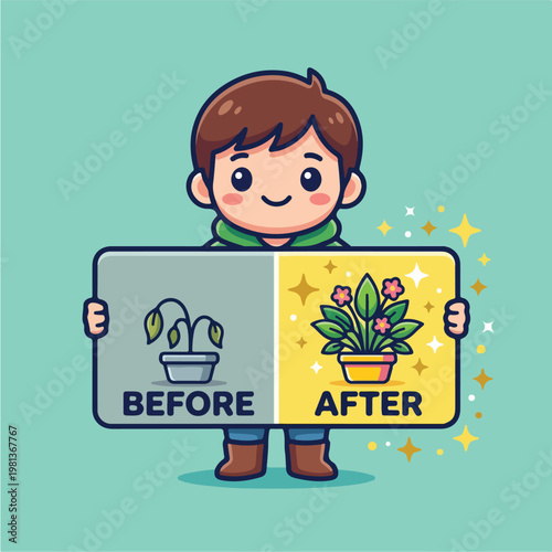 Boy Holding Plant Growth Chart.