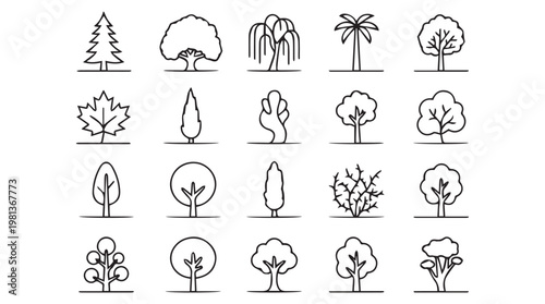 Set of 20 hand drawn black and white tree silhouettes for nature themed design and illustration