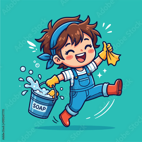 Boy Holding Soap Bucket.