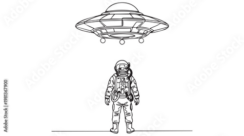 Astronaut in spacesuit gazing at futuristic UFO hovering above isolated line art illustration