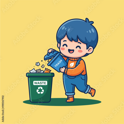 Boy throwing trash in bin.