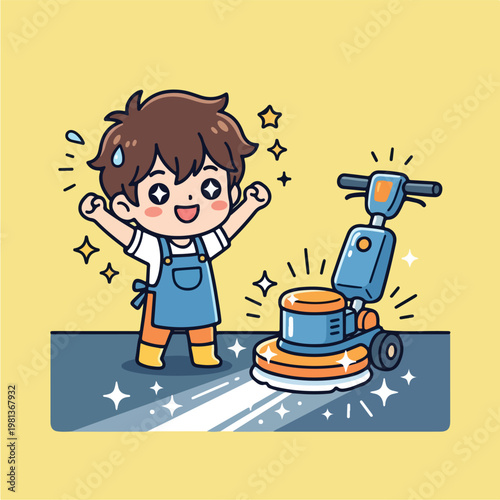 Boy using floor polisher machine.