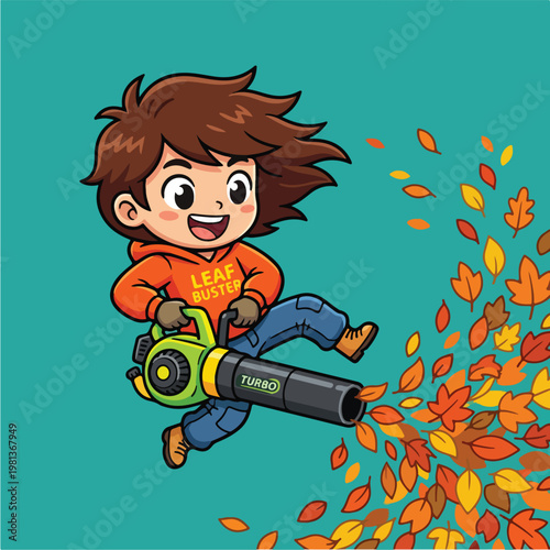Boy Using Leaf Blower.