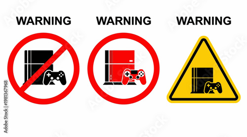 Various signs and symbols for caution and prohibition related to electronic gaming devices and accessories