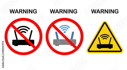 Set of three distinct warning signs indicating potential Wi-Fi connectivity problems, router malfunctions, and restricted wireless network access zones, highlighting connectivity issues