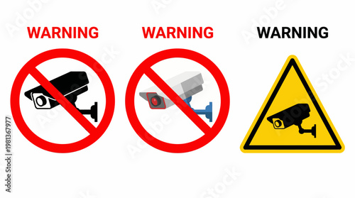 Collection of warning signs indicating surveillance cameras are prohibited or present for security purposes
