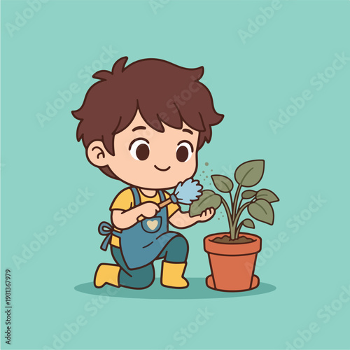 Boy Watering Small Green Plant.
