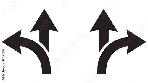 Dual black curved arrows pointing upward and outward on tansparent background for growth and direction concept