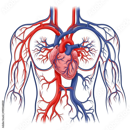 Detailed Illustration of Human Circulatory System with Heart, Arteries, and Veins