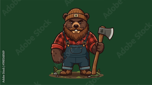 Cartoon bear with axe.