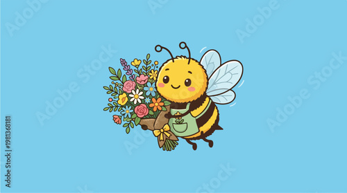 Cartoon Bee Holding Flowers.