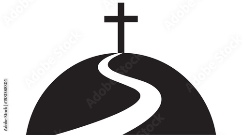 Minimalist black hill with white cross symbol on top for religious or spiritual concept