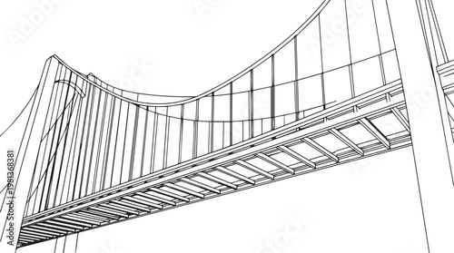 Isometric line art of modern suspension bridge structure with geometric design and architectural precision