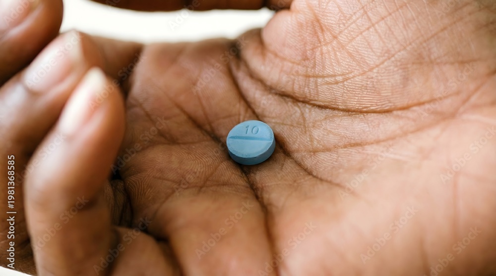 Fototapeta premium Close up of a small blue pill in the palm of a dark skinned hand