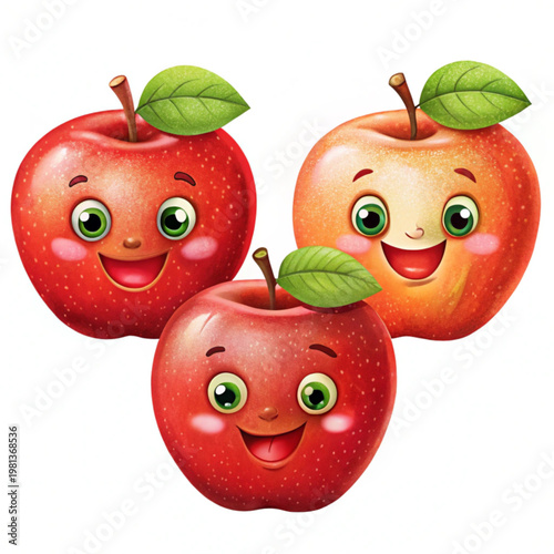 A colorful illustration of three smiling apples with green leaves and eyes on a white background