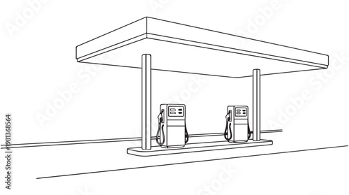 Black and white line drawing of gas station with two fuel pumps under canopy