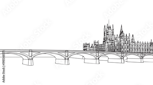 minimalist line art sketch of prague castle across charles bridge at dusk