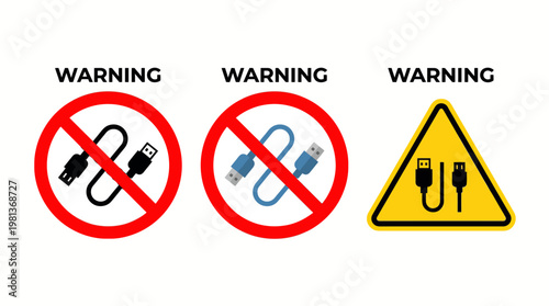 Comprehensive digital warning signs illustrating potential hazards and prohibitions associated with the incorrect handling or use of universal serial bus cables in various electronic applications