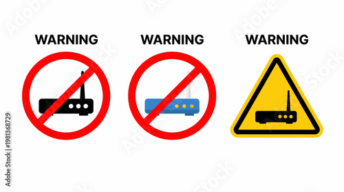 Visual warnings for wireless network security risks, illustrating potential dangers and necessary precautions for internet router connections. Emphasizing digital safety and secure device usage
