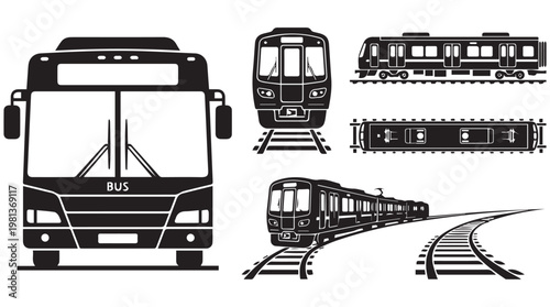 Modern public transportation vector illustration with bus and metro train on tracks