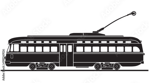 Vintage tram silhouette in black and white minimalist urban transport illustration