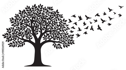 Silhouette of tree with flock of birds flying at dusk minimalist nature illustration