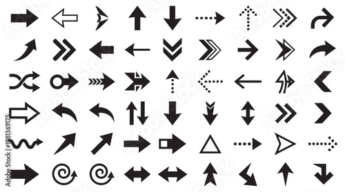 Collection of black and white directional arrows and navigation symbols on transparent background