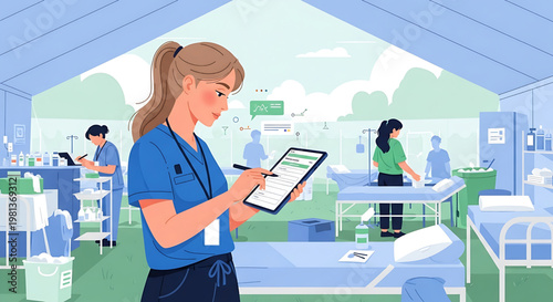 Dedicated female nurse diligently documenting patient information on a tablet in a busy medical tent, symbolizing essential healthcare support and emergency response in a temporary clinic environment
