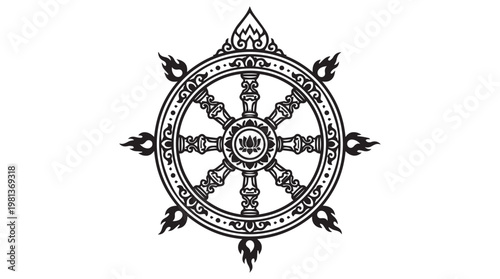 Elegant black and white Dharmachakra Buddhist wheel of dharma symbol with intricate floral patterns and flames