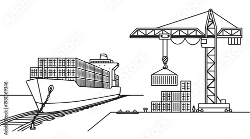 Isometric cargo ship loading containers at industrial port with gantry crane and railway transport