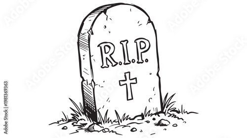 Hand drawn cartoon tombstone with RIP and cross symbol on grassy grave illustration