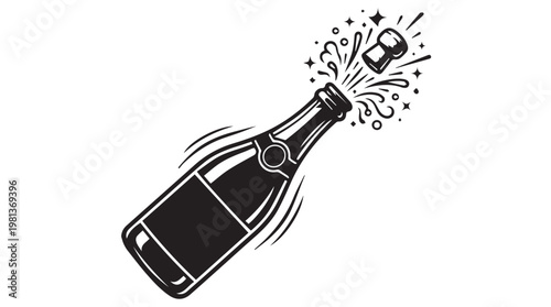 Celebration champagne bottle popping cork with sparkling foam and festive bubbles isolated on white