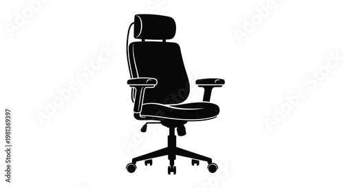 A minimalist black silhouette of an ergonomic office chair with a headrest and adjustable arms
