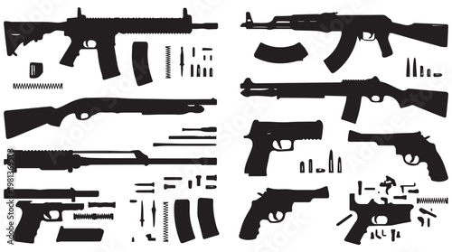 Flat lay collection of various firearms and ammunition on dark background for security and defense concept
